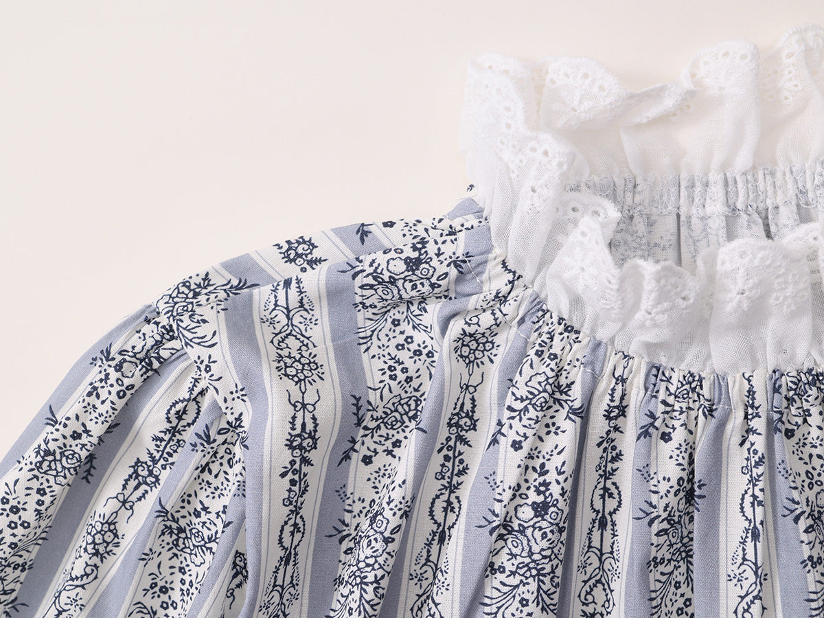 Girls Vintage Lace Collar Long Sleeve Floral Top