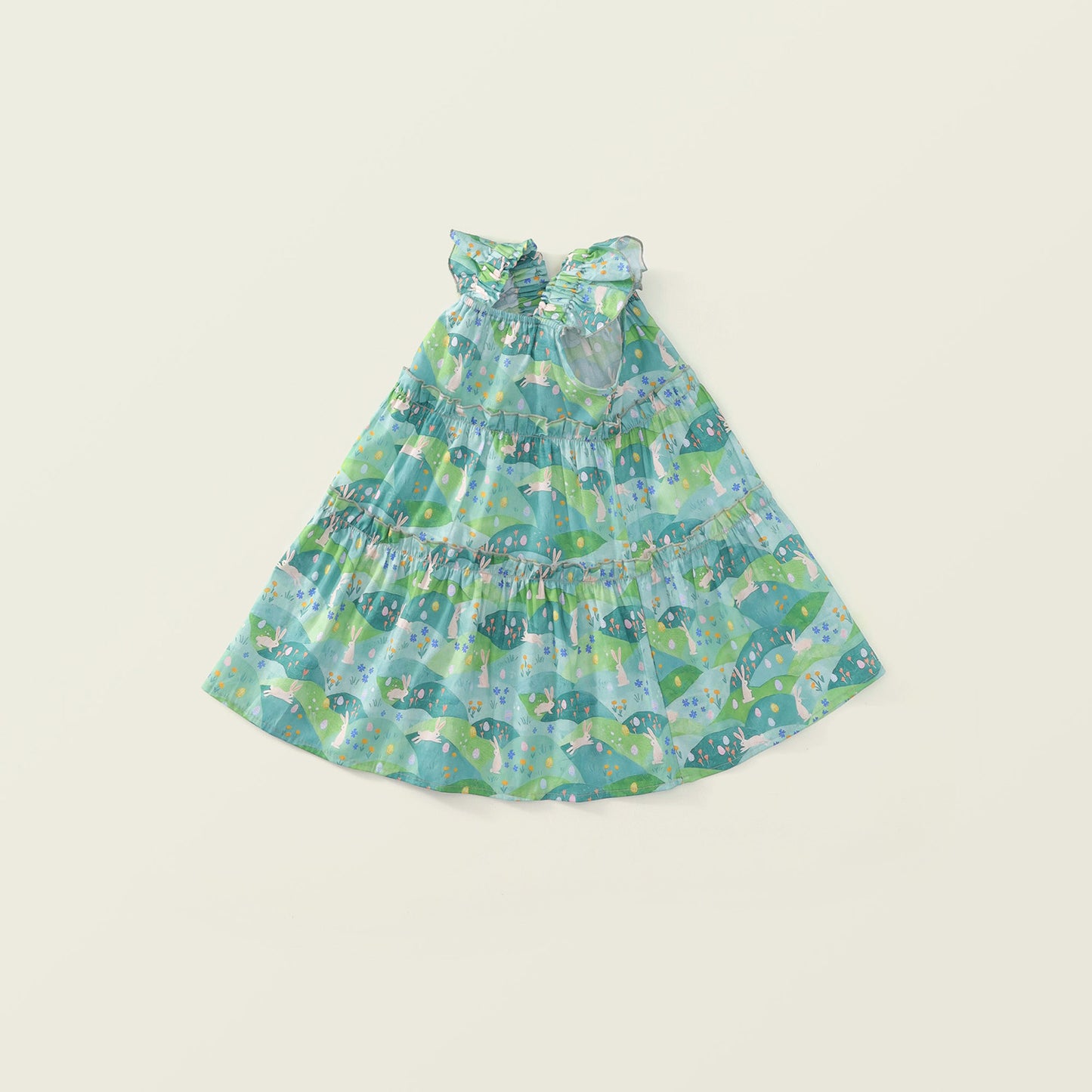 Girls Green Cartoon Print Flutter Sleeve Dress