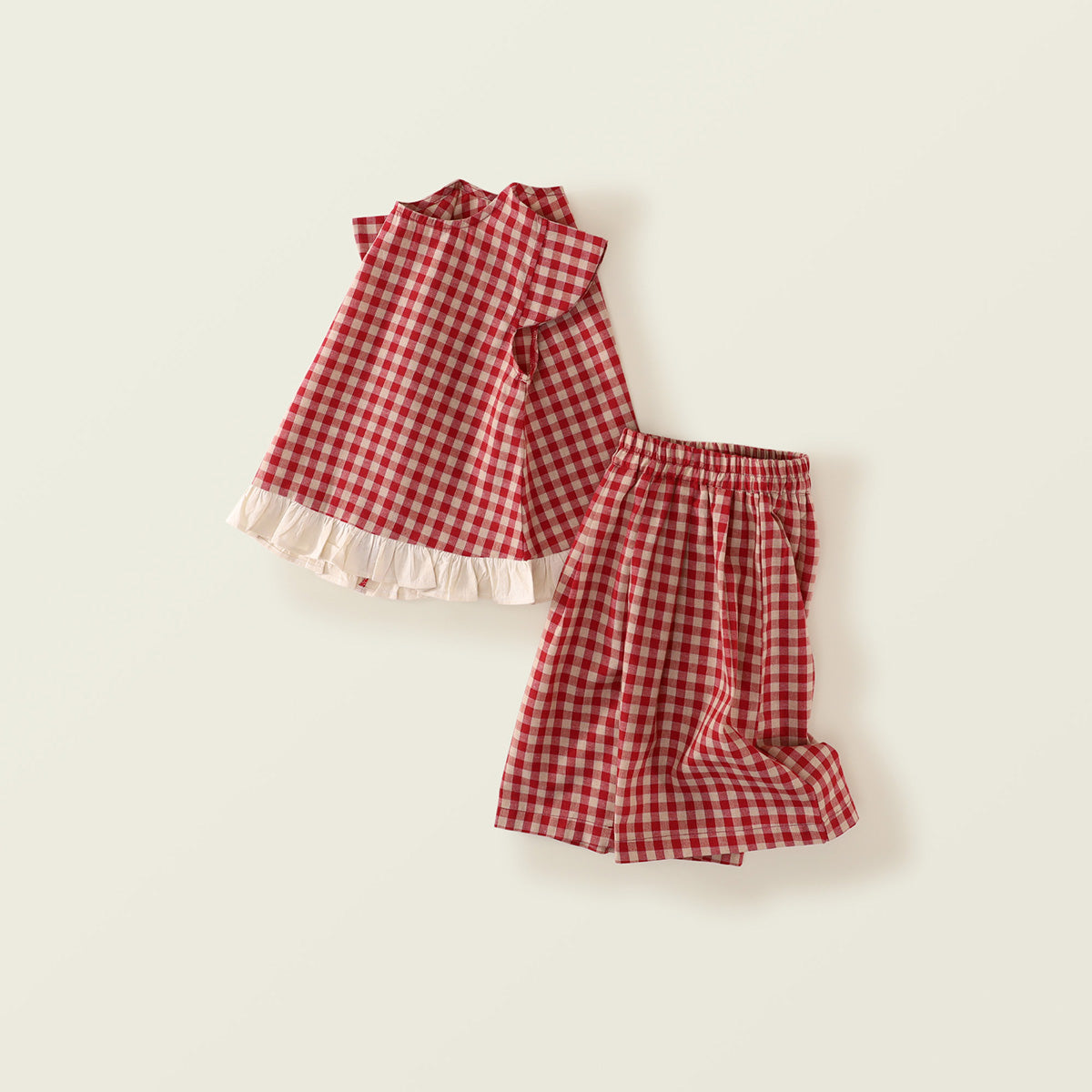 Girls' Red Checkered Set with Flutter Sleeves