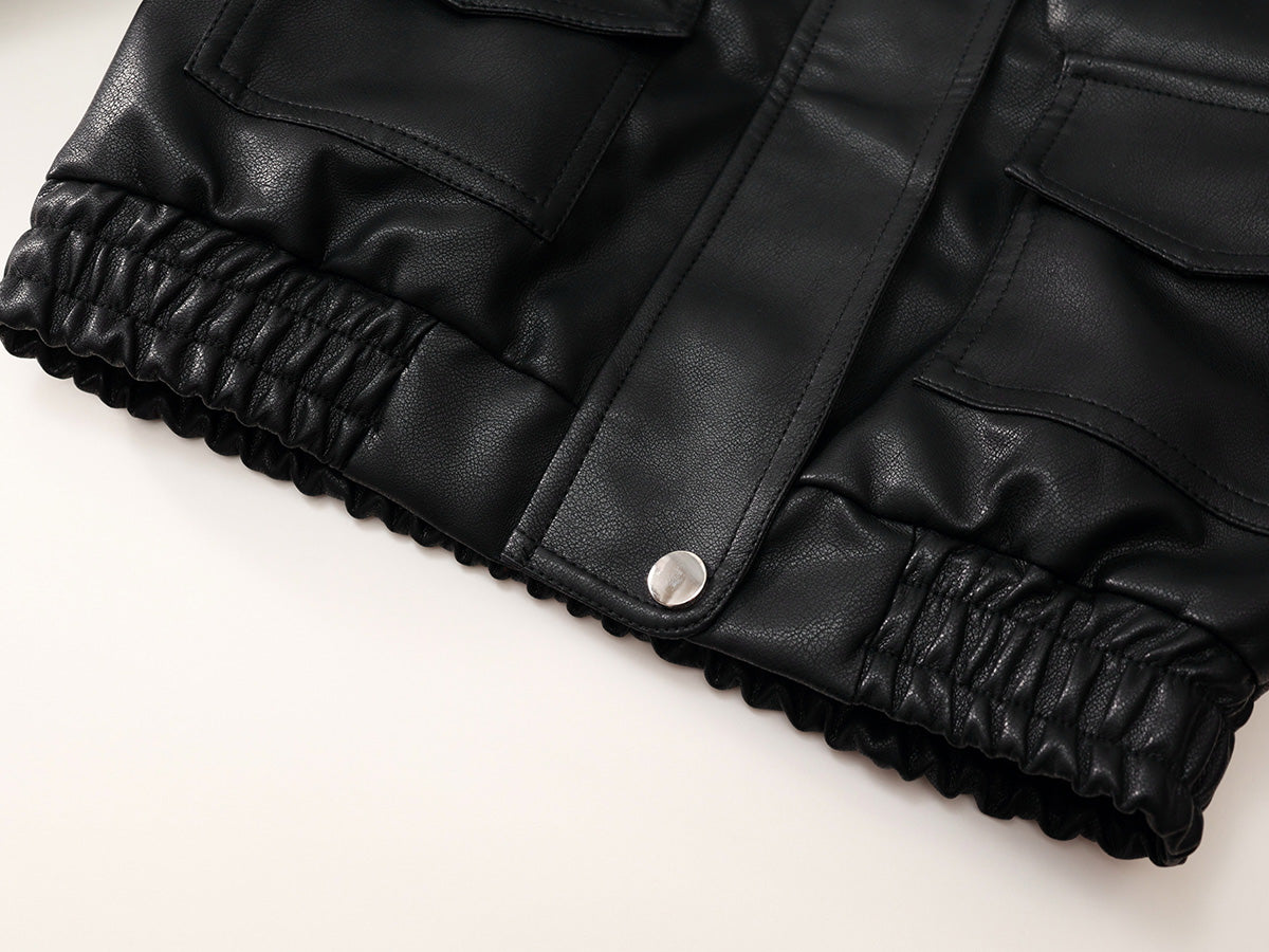 New Autumn Kids' Black Lapel Leather Jacket-K5135754