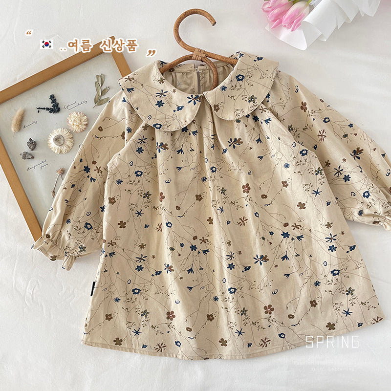 Girl's Floral Collar Long Sleeve Dress