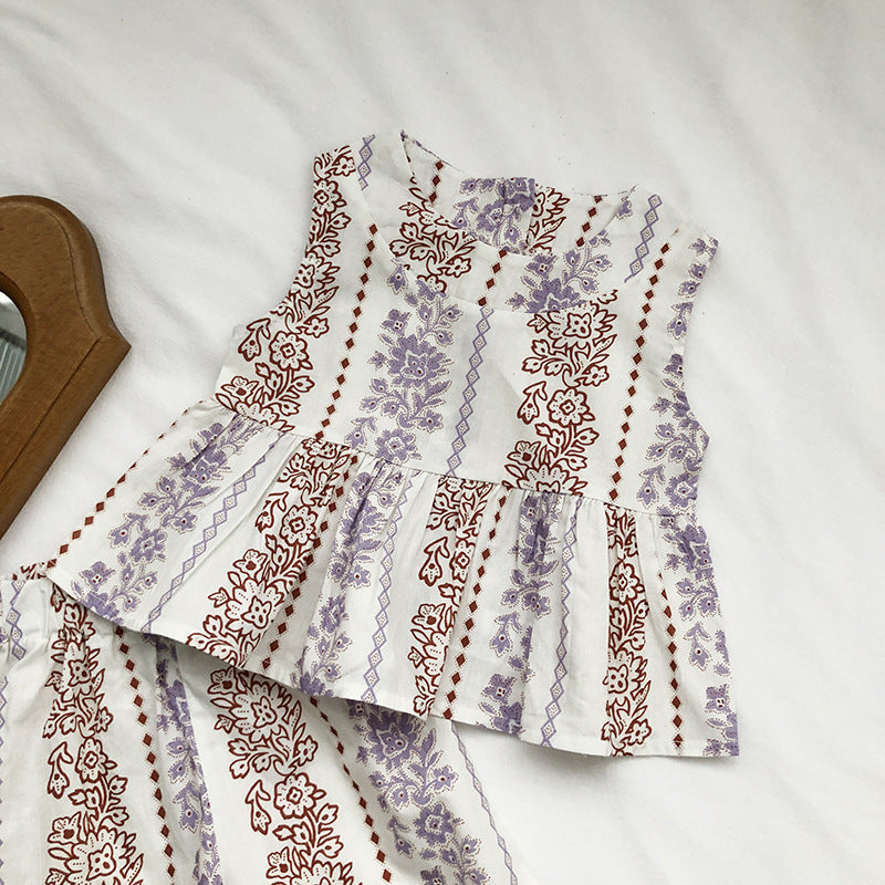 Girls Ethnic-Style Sleeveless Top & Lace Pants Set