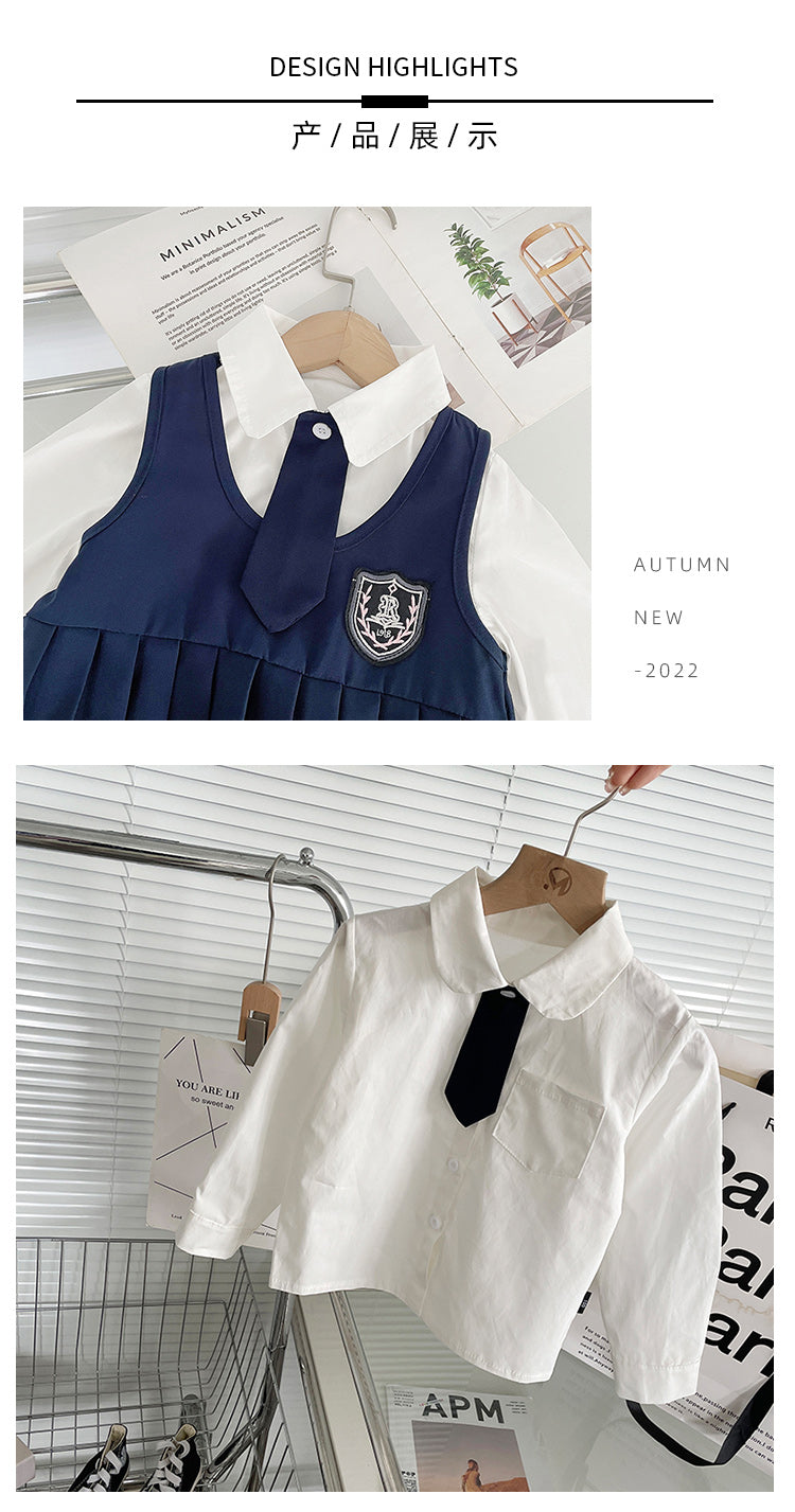 Girl's Autumn College Style Set - Long-Sleeve Shirt & Pleated Skirt