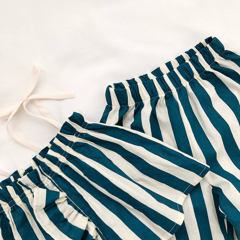 Girl's Summer New Blue Striped Suspender & Pants Set