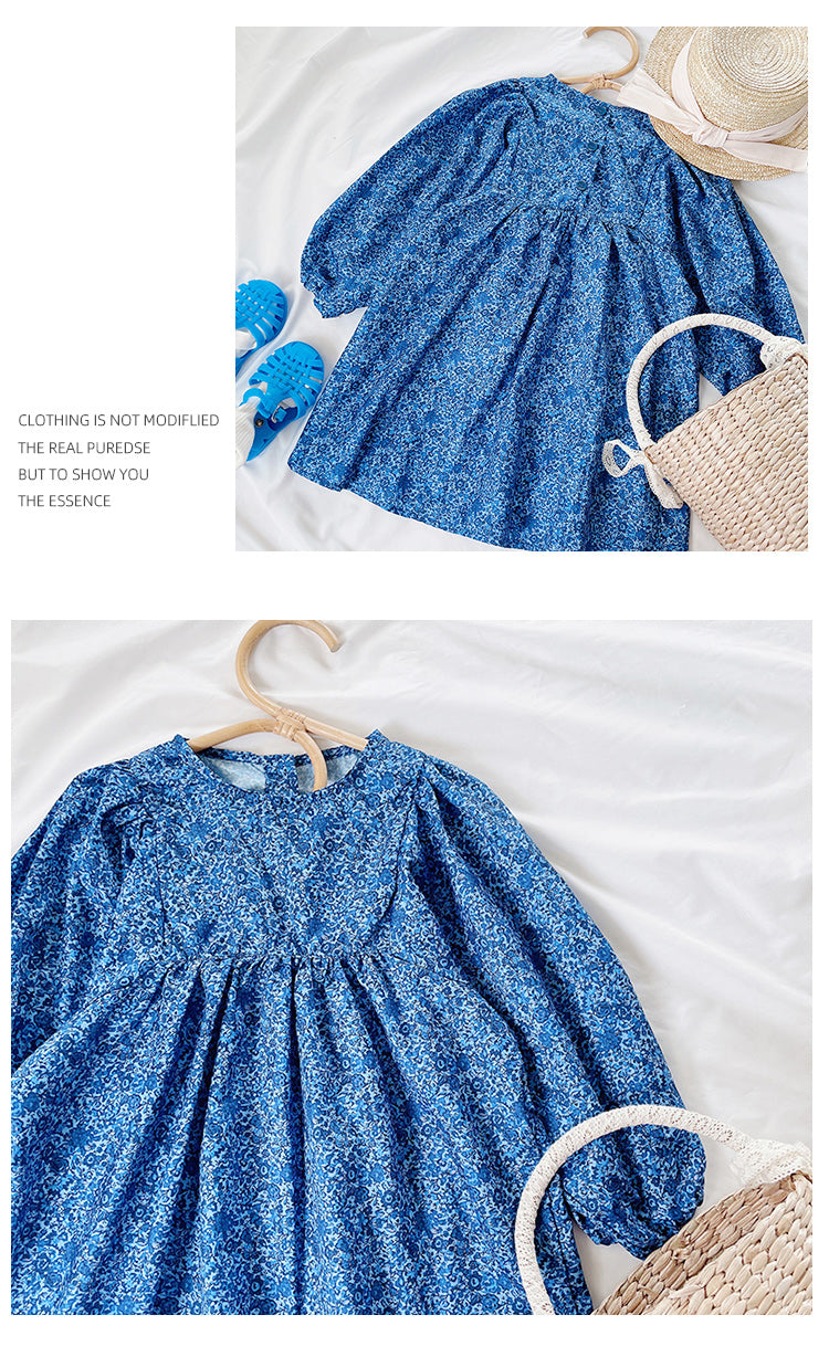 Girl's Autumn New Blue Floral Long Sleeve Dress