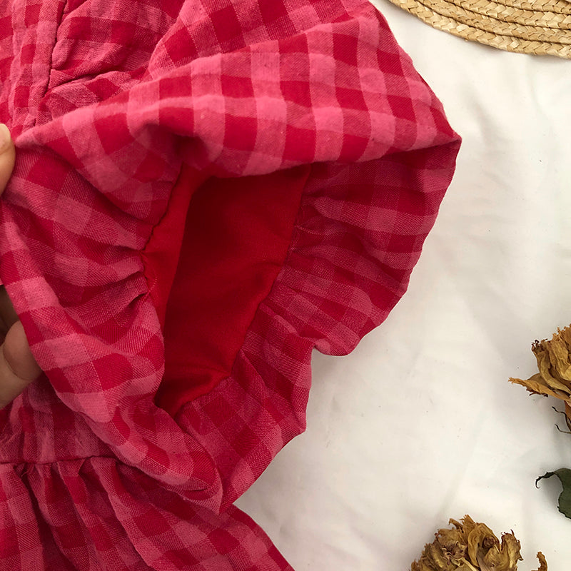 Girls Red Checkered Short-Sleeve Dress