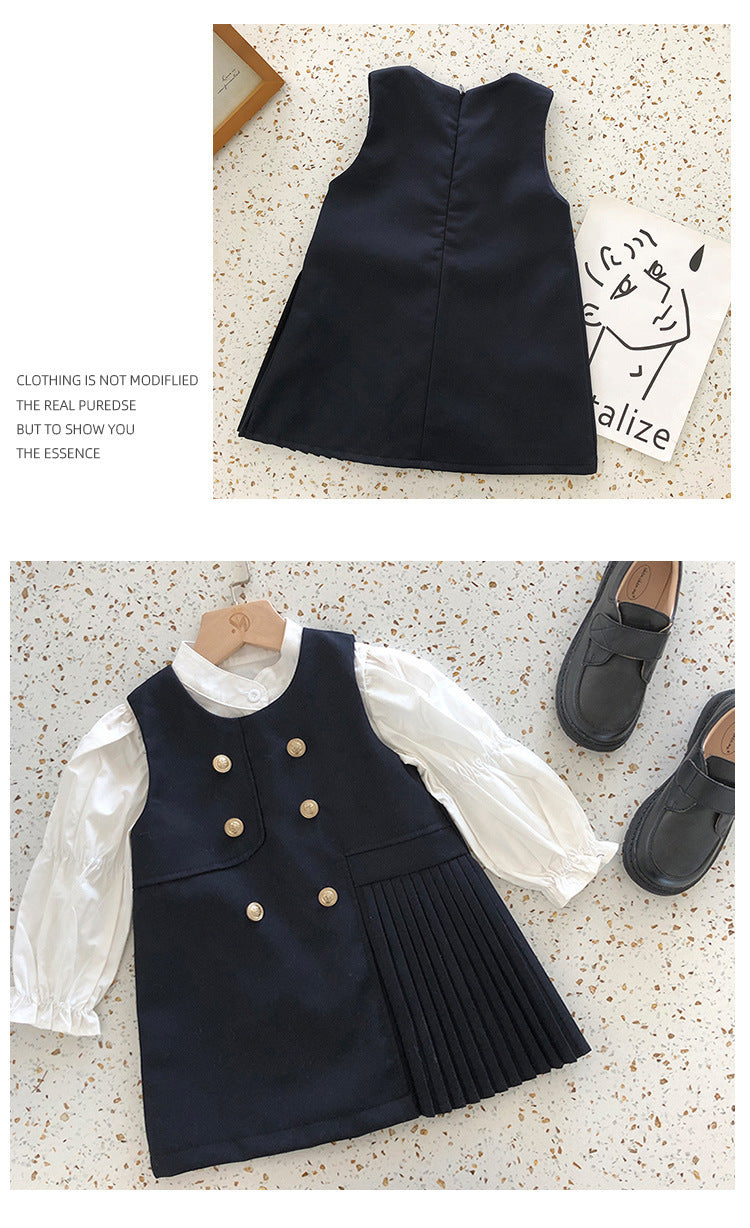 Girl's Doll Collar Shirt & JK Vest Skirt Set