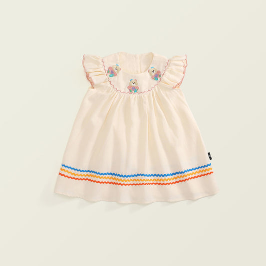 Girl's Cotton Dress with Embroidered Bear
