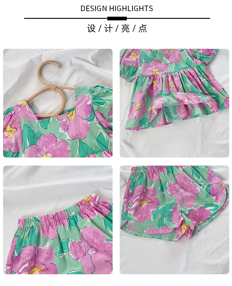 Girl's New Summer Floral Short-Sleeve & Shorts Set