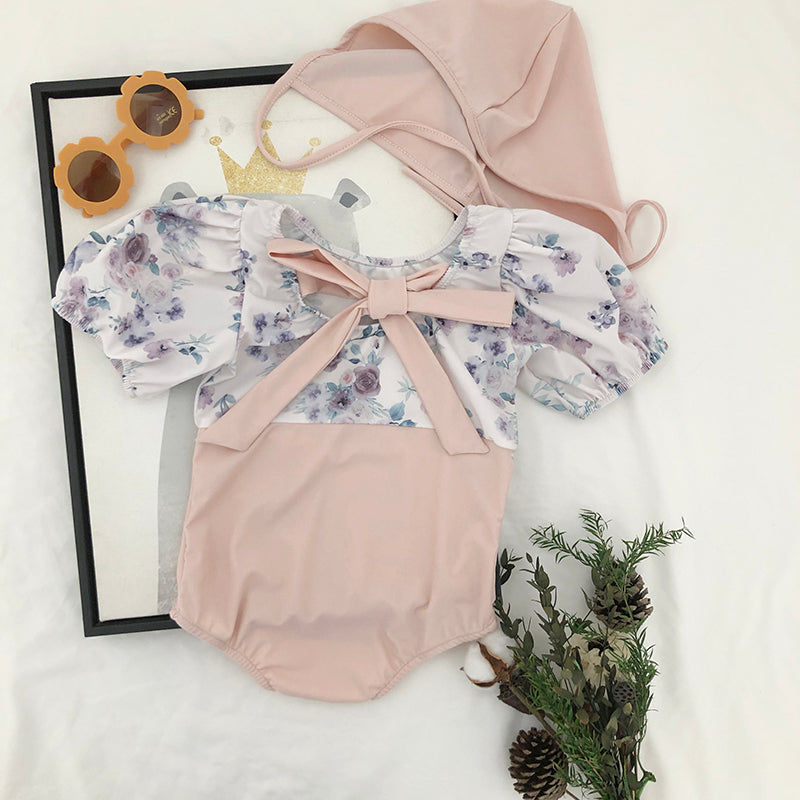Girl's Cute Pink Floral Swimsuit