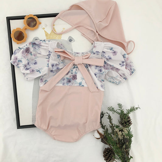 Girl's Cute Pink Floral Swimsuit