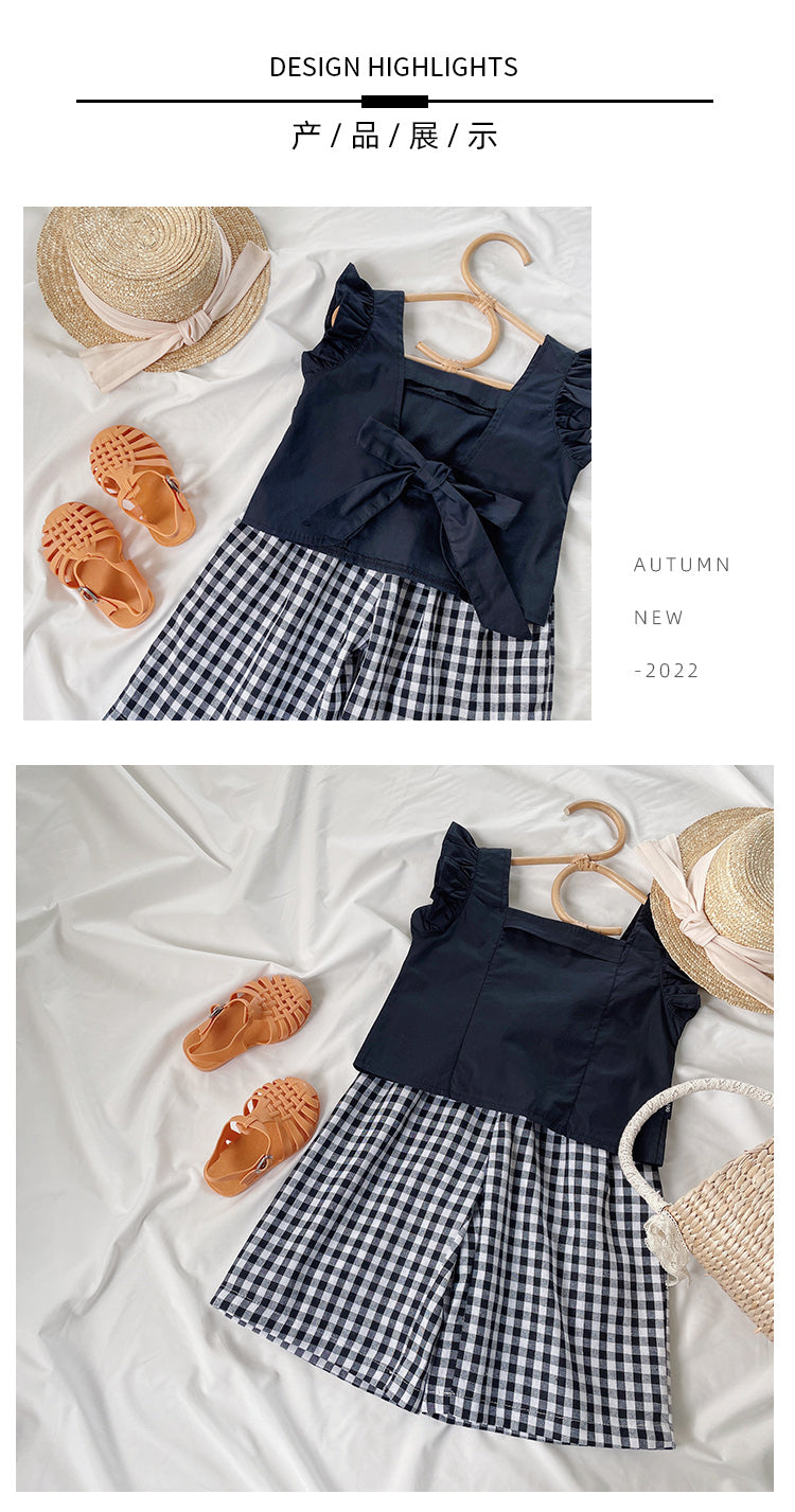 Girl's Summer Lotus Sleeve Black Top & Checkered Pants Set