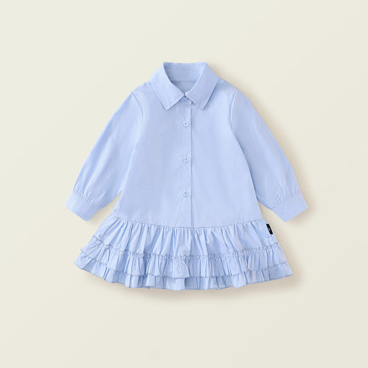 Girls' Blue Pleated Lace Dress - Spring New Arrival