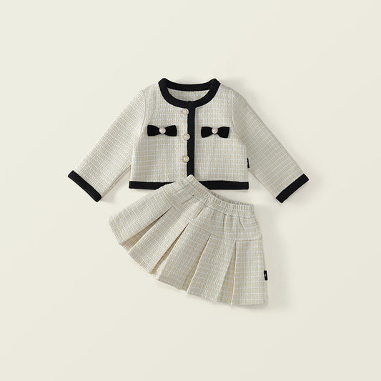 Girls 2025 Autumn Velvet Jacket & Plaid Skirt Set