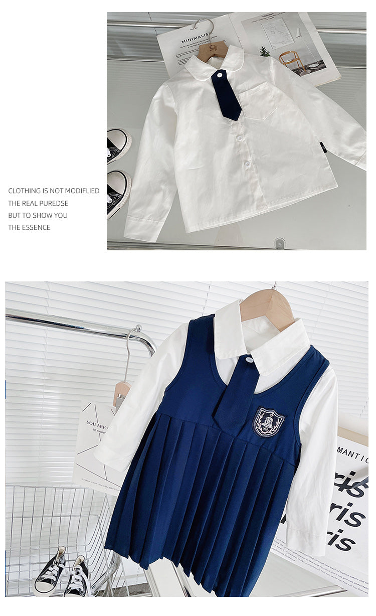 Girl's Autumn College Style Set - Long-Sleeve Shirt & Pleated Skirt
