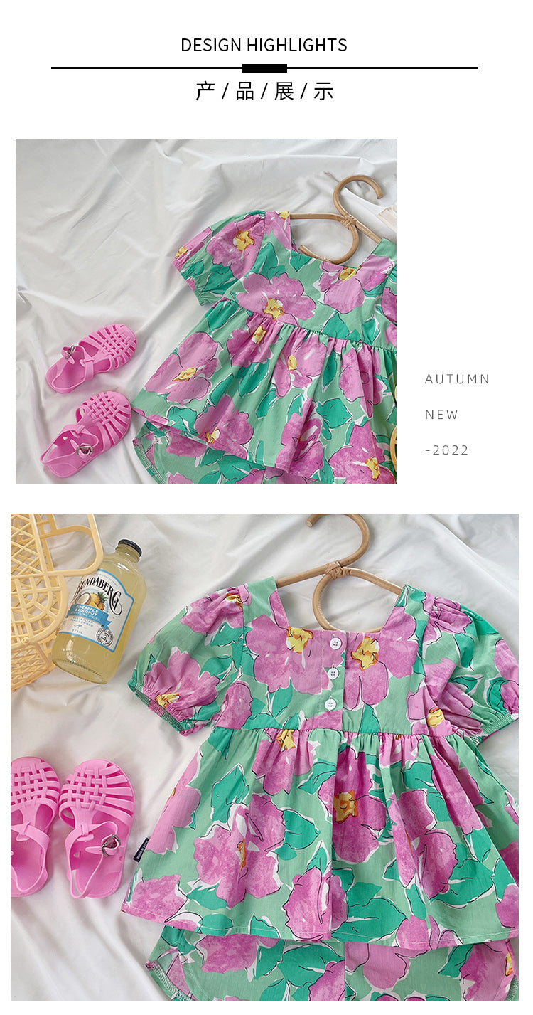 Girl's New Summer Floral Short-Sleeve & Shorts Set