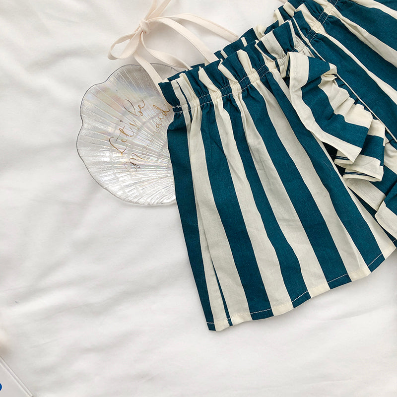 Girl's Summer New Blue Striped Suspender & Pants Set