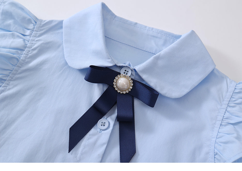 Girl's Blue School Style Flutter Sleeve Dress