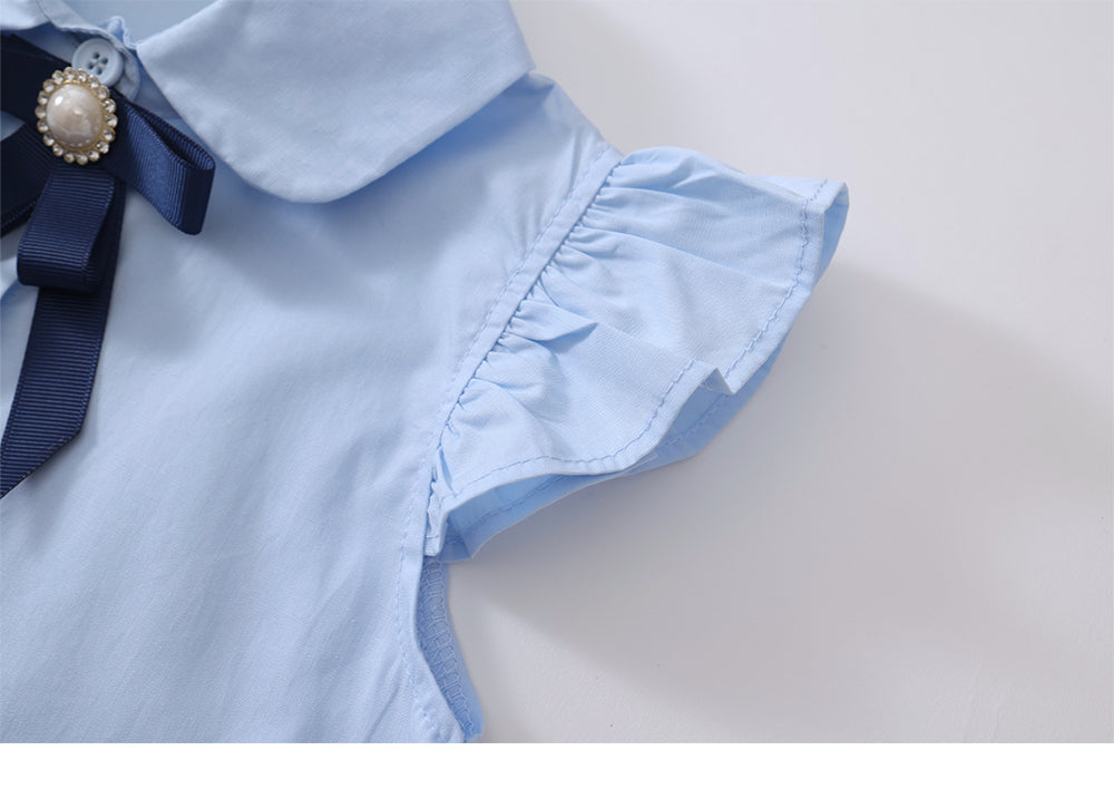 Girl's Blue School Style Flutter Sleeve Dress