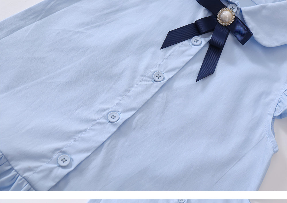 Girl's Blue School Style Flutter Sleeve Dress