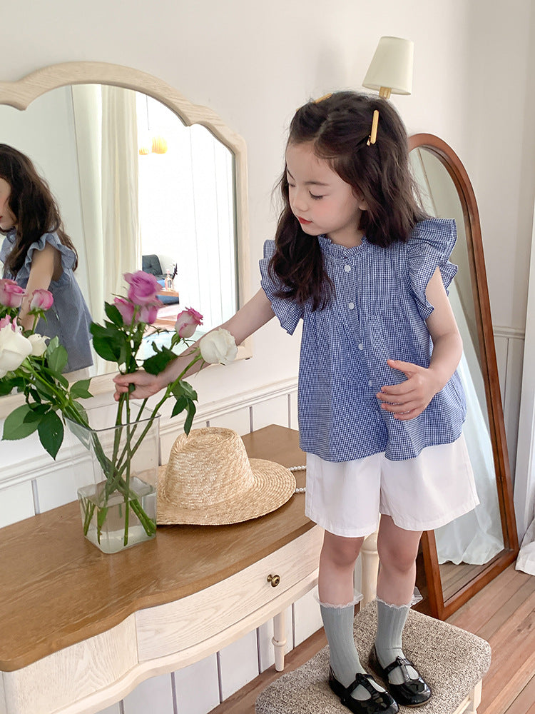 Girl's Korean-Style Cotton Checkered Blouse with Flutter Sleeves