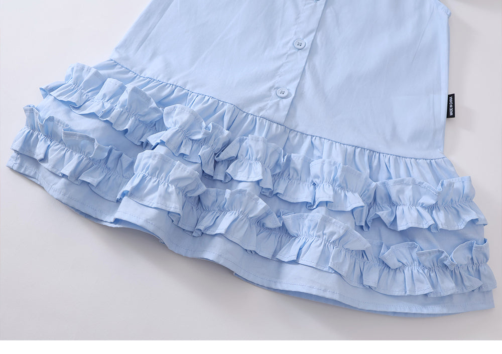 Girl's Blue School Style Flutter Sleeve Dress