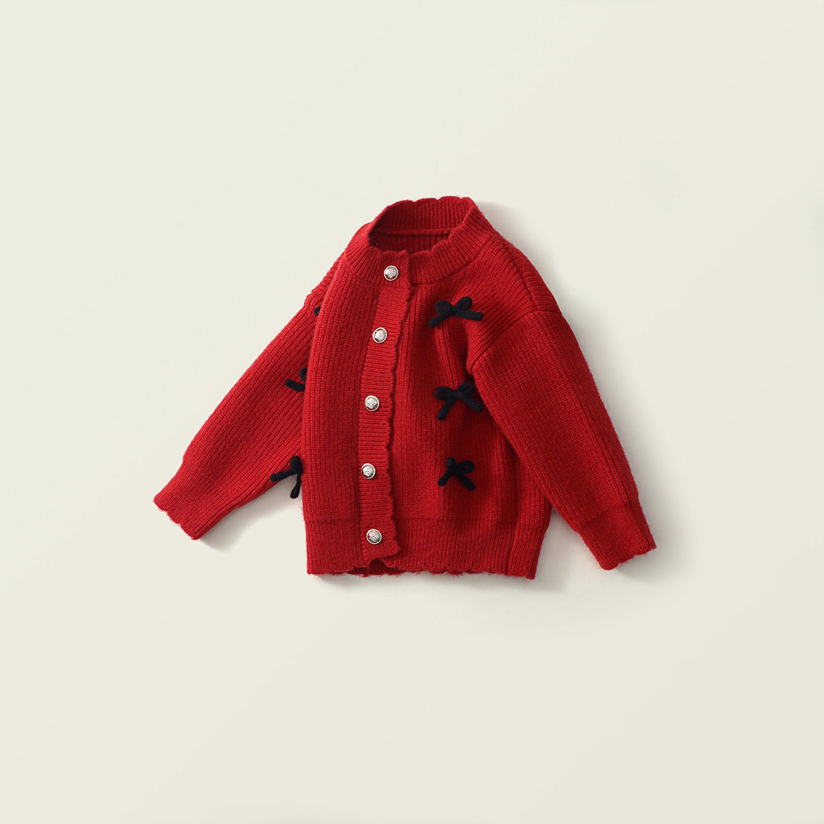 Girl's Red Knitted Cardigan with Bow - Korean Style Long-Sleeve Sweater