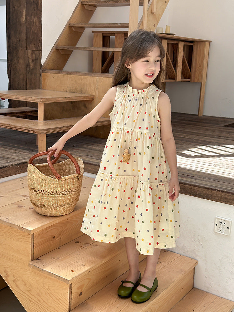Girl's Colorful Polka Dot Sleeveless Vest Dress