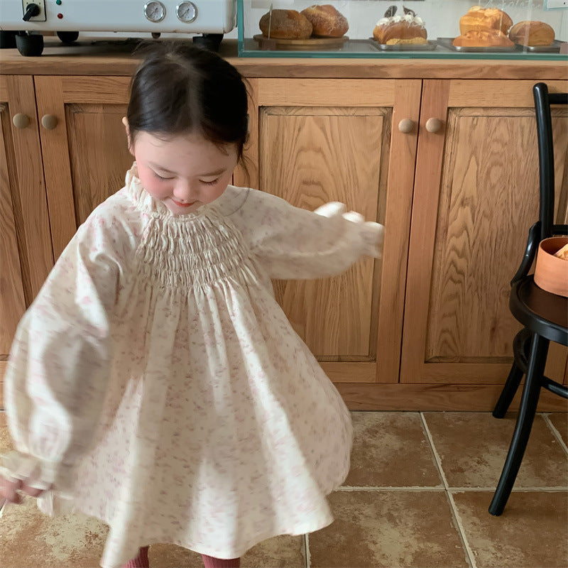 Girl's Ruffle Trim Country-Style Princess Dress with Gathered Sleeves