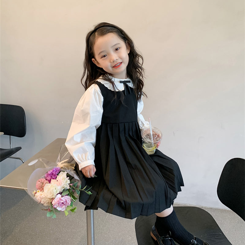 Girl's Lace Collar Shirt with Small Bow & Black Vest Skirt Set