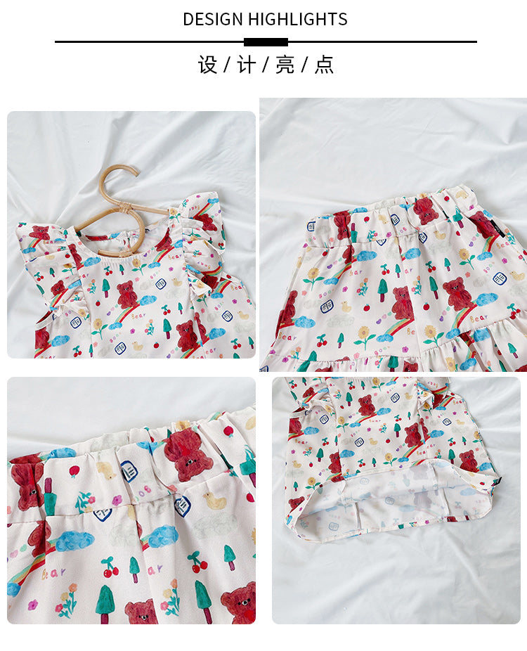 Girl's Summer Ruffle Short Sleeve & Bear Rainbow Print Shorts Set