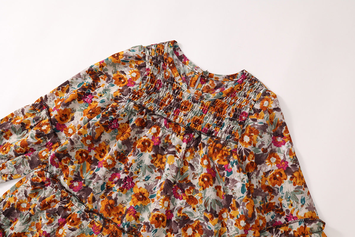 Girls Vintage Floral Long-Sleeve Boho Princess Dress