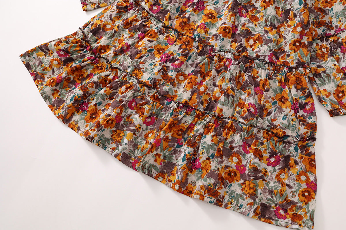 Girls Vintage Floral Long-Sleeve Boho Princess Dress