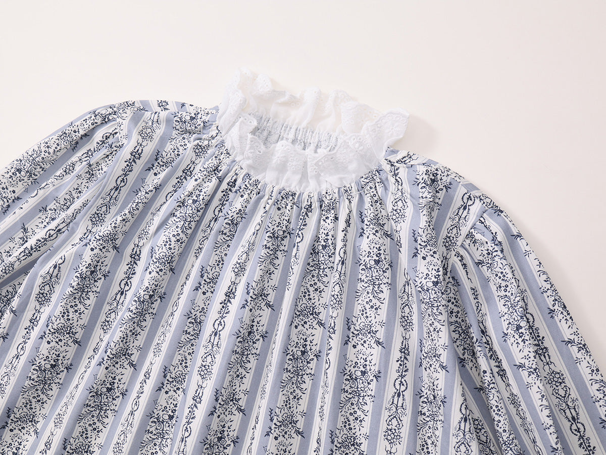 Girls Vintage Lace Collar Long Sleeve Floral Top