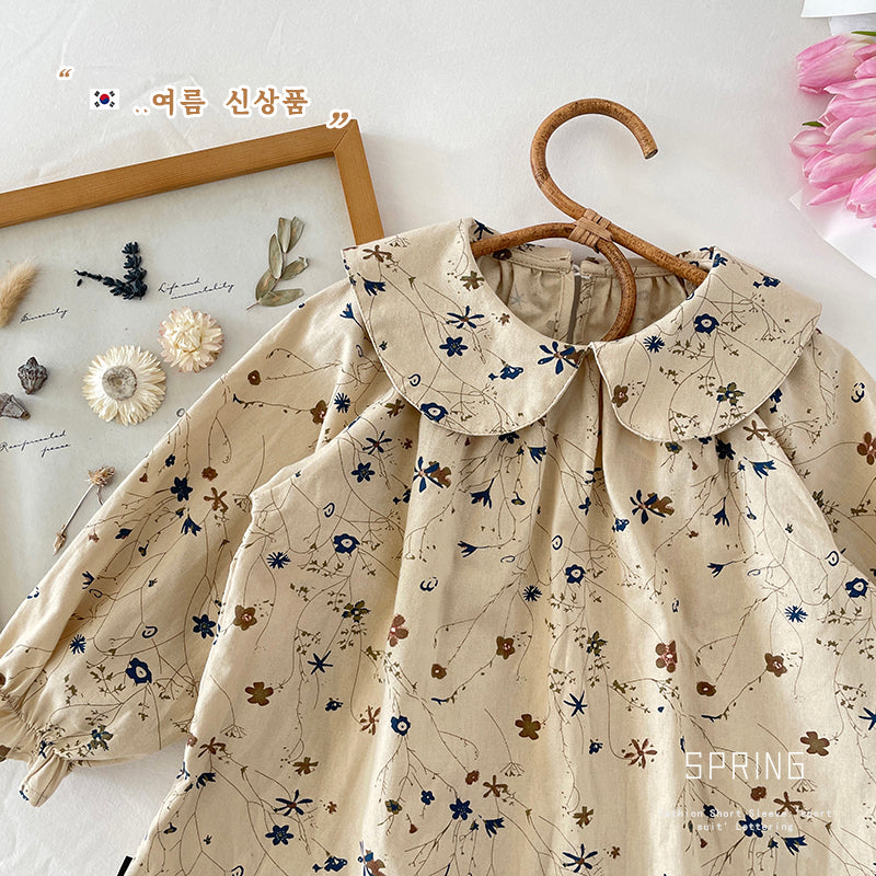 Girl's Floral Collar Long Sleeve Dress