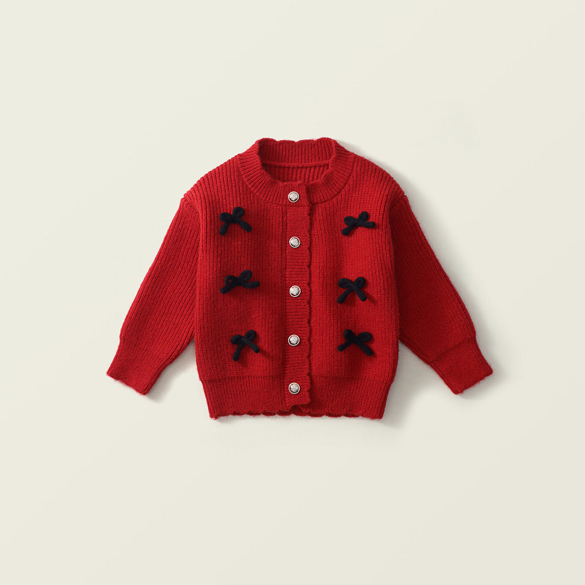 Girl's Red Knitted Cardigan with Bow - Korean Style Long-Sleeve Sweater
