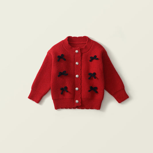 Girl's Red Knitted Cardigan with Bow - Korean Style Long-Sleeve Sweater