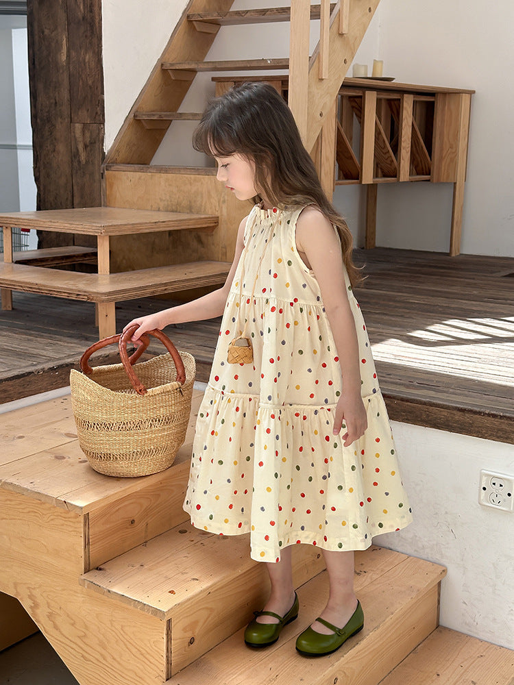 Girl's Colorful Polka Dot Sleeveless Vest Dress