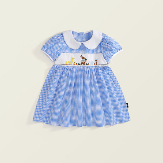 Girls Animal Embroidery Plaid Dress