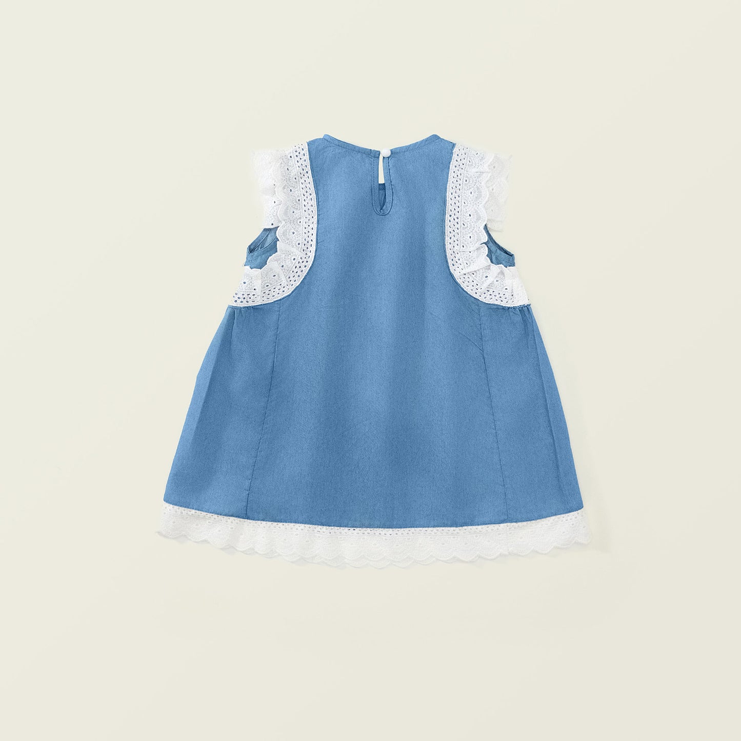 Girls' Fashion Denim Dress with Lace Trim Flutter Sleeves