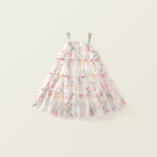 Girls Sweet Floral Mesh Princess Dress