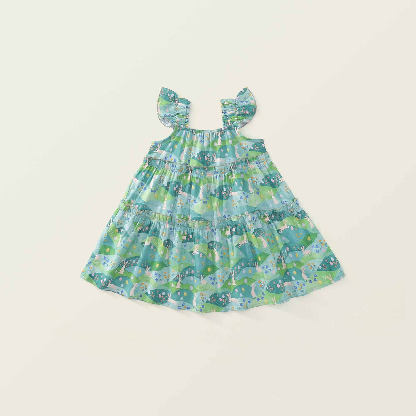 Girls Green Cartoon Print Flutter Sleeve Dress