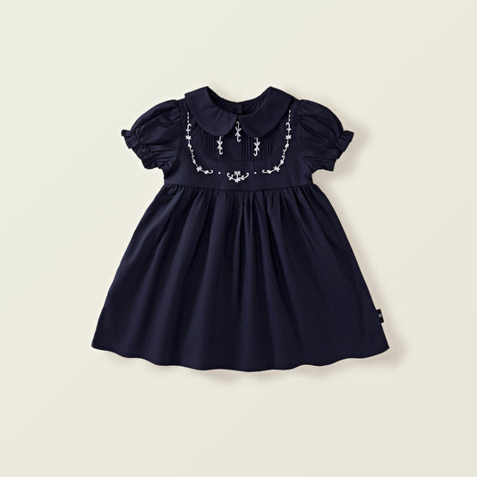 Girl's Navy Blue Embroidered Dress