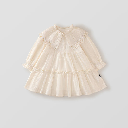 Girl's Lace Trim Lapel Dress - 2025 Spring/Fall New Arrival