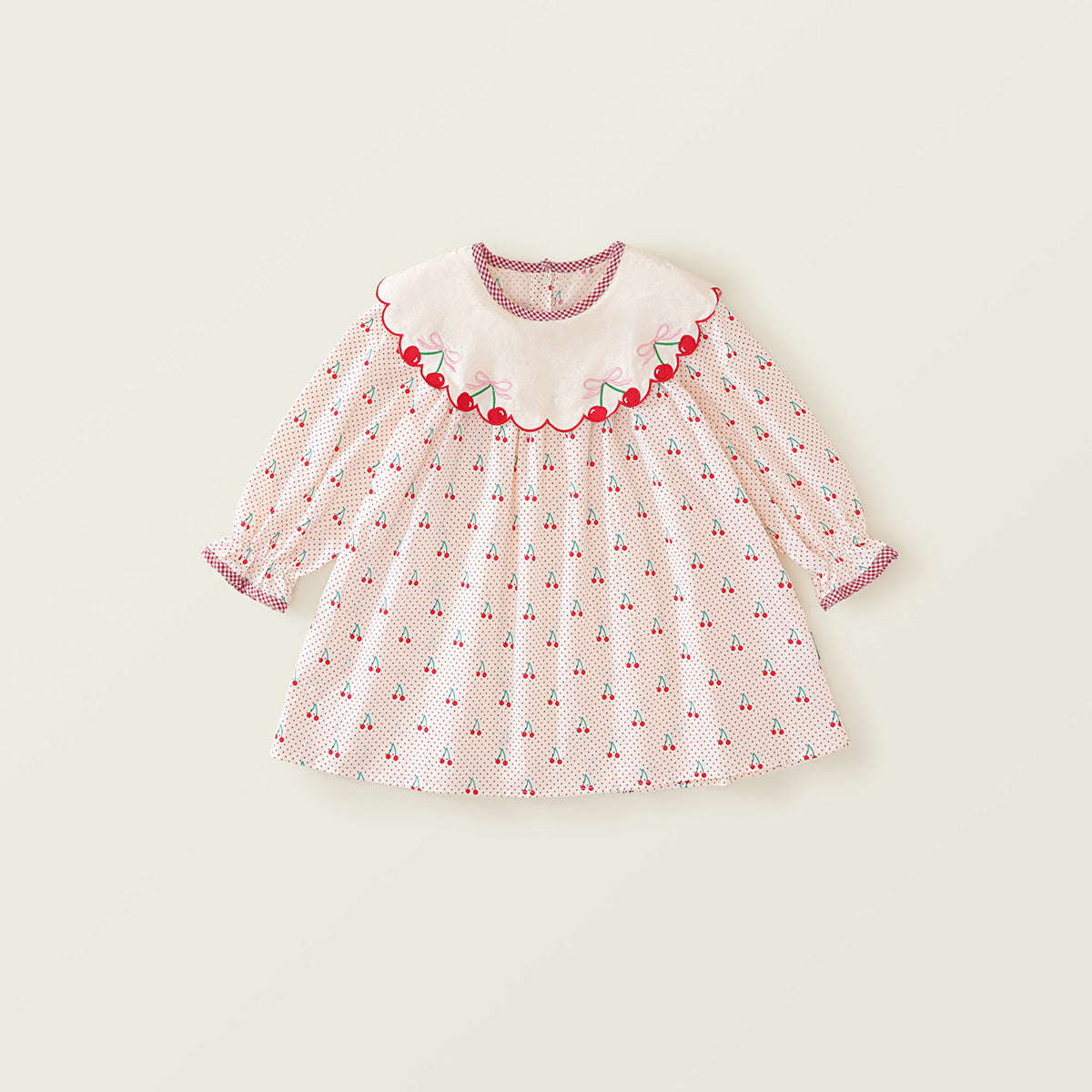 Girls' Cherry Print Sweet Long-Sleeve Dress