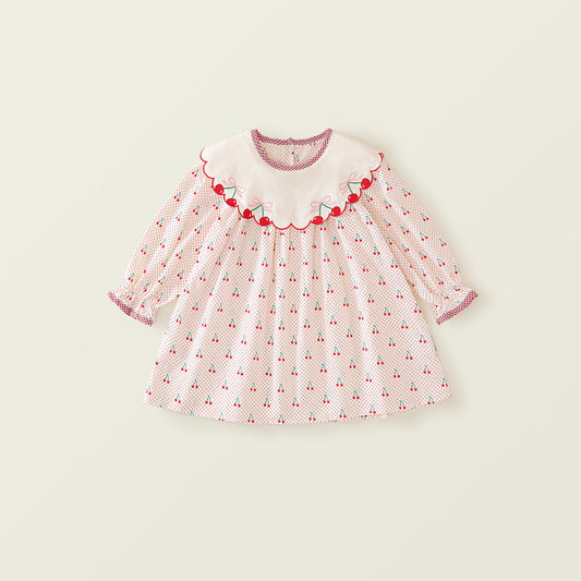 Girls' Cherry Print Sweet Long-Sleeve Dress