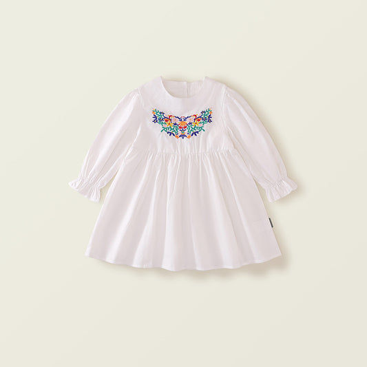 Girls' Spring Bubble Sleeve Cotton Embroidered Dress