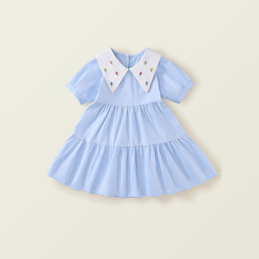 Girl's Blue Lapel Sleeveless Dress