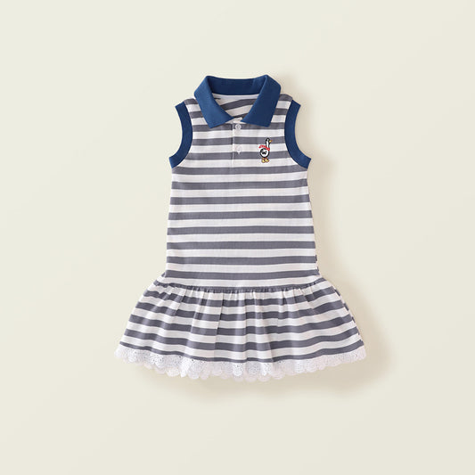 Girl's Blue Striped Polo Dress - 2025 Summer New Arrival