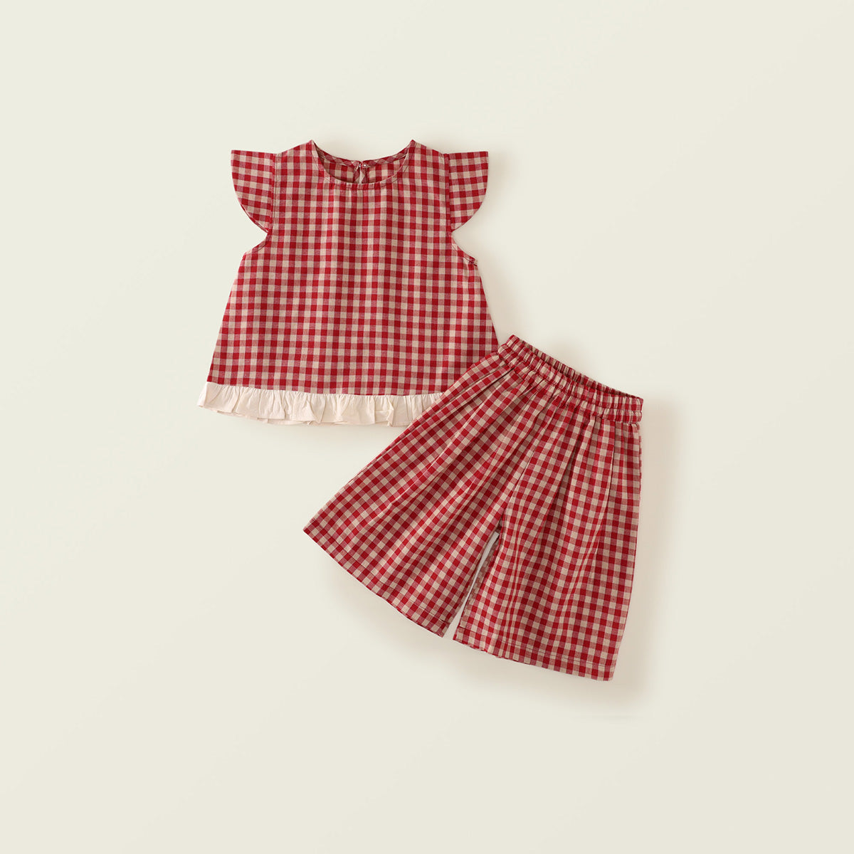 Girls' Red Checkered Set with Flutter Sleeves